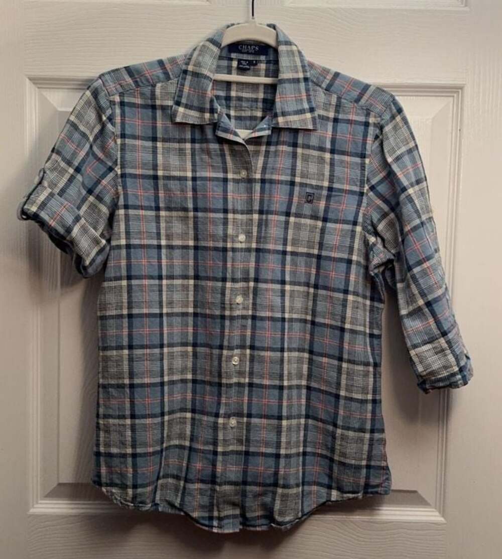 Chaps Est. 1978 Women's Blue Plaid Linen-Blend Button-Down Shirt Size S